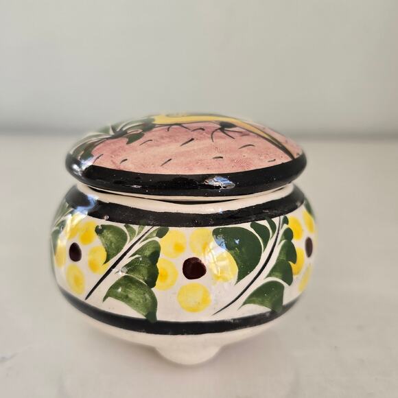 Vintage Tonala Mexico Small Covered Ceramic Trinket Box Yellow Bird Floral Boho - Picture 2 of 10